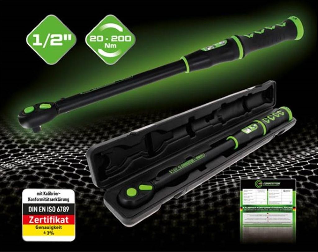 A digital torque wrench and its case are displayed with promotional graphics and text.
