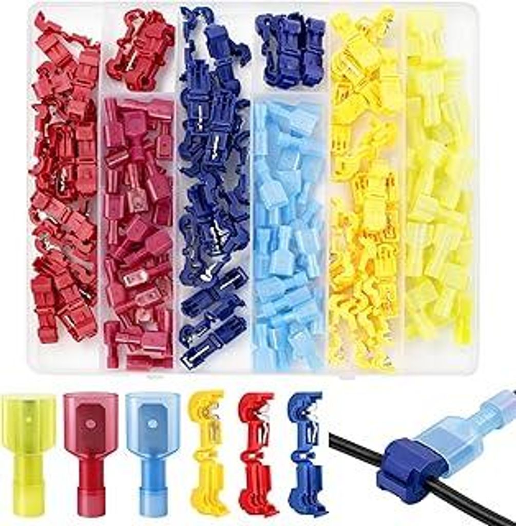 Sheryl&Rain 180 Stück T Abzweigverbinder Kfz Kit, 3 Größen, 90 T Tap Kabelverbinder + 90 Flachstecker Schnellverbinder Isoliert, Quickverbinder ...