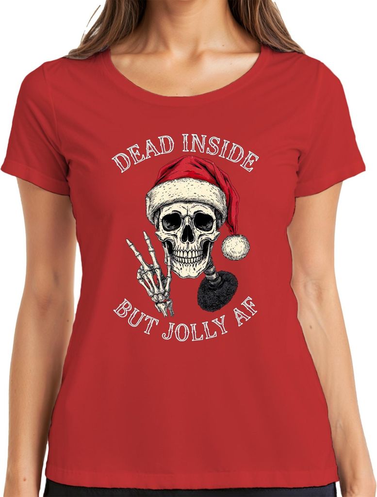 Dead Inside But Jolly AF Skelett Totenkopf Weihnachtsmütze Gothic Damen T-Shirt, Rot, XL