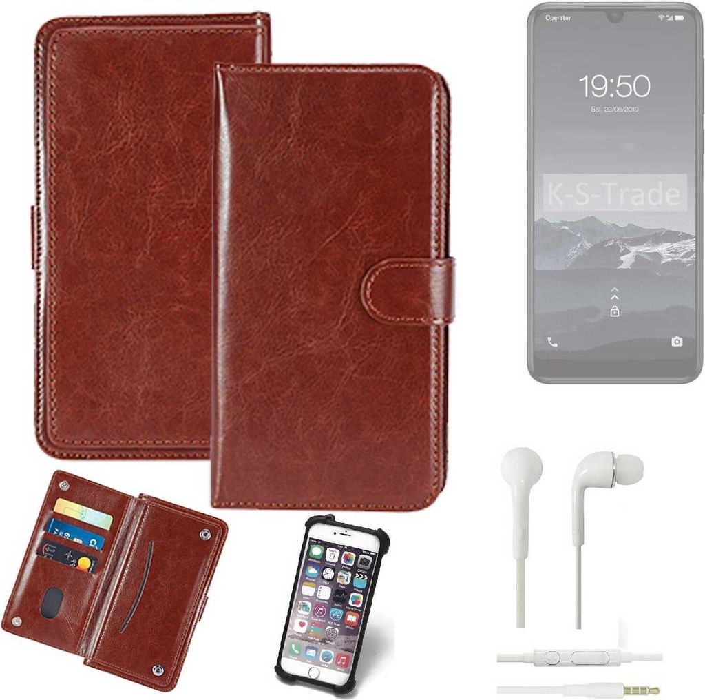 K-S-Trade 360° Hülle kompatibel mit Qilive Q3 inkl. Headphones braun Kunstleder Case BookCase WalletCase Kunstlederederhülle Handyhülle,