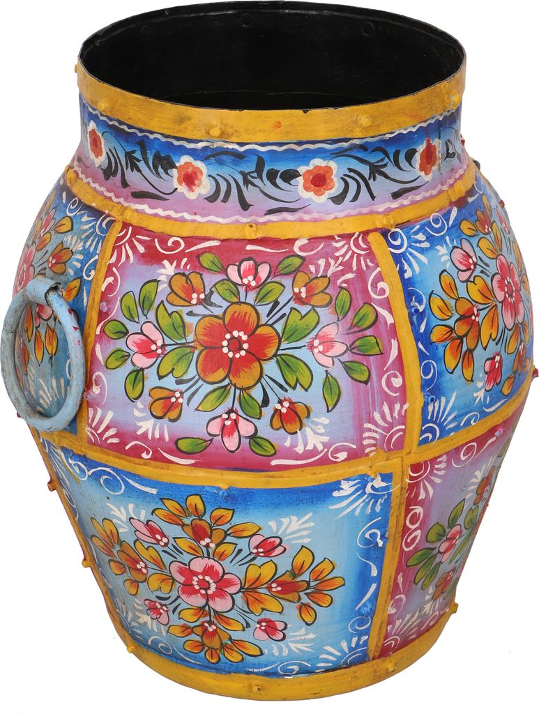 Vintage Metall Vase, Krug Rajasthan, Handbemalt im Patchwork Design - Design 3, Mehrfarbig, Eisen, Grtöße: M (50*43*43), 60*53*53 cm