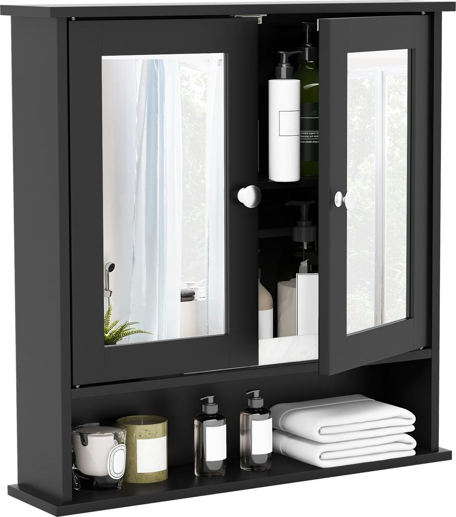 GOPLUS Spiegelschrank Bad mit Ablage, Hängeschrank mit Spiegel, Wandschrank hängend, Badezimmerspiegelschrank Holz, Schwarz