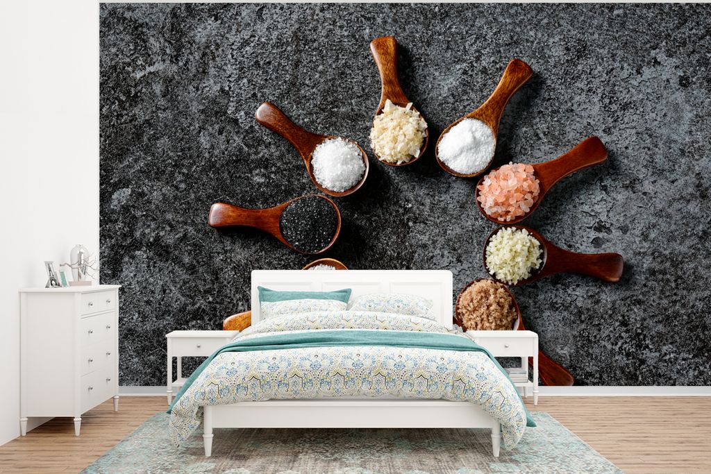 MuchoWow Fototapete für Wohnzimmer oder Schlafzimmer Wandtapete Vinyl Motivtapete Löffel - Kräuter - Gewürze - Küche - Industrie - 375x280 c...