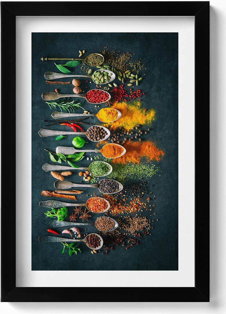 Löffel mit bunten Gewürzen– Wandbild mit Rahmen – Gerahmtes Bild – Wanddekoration – 20x30 cm – Schwarz