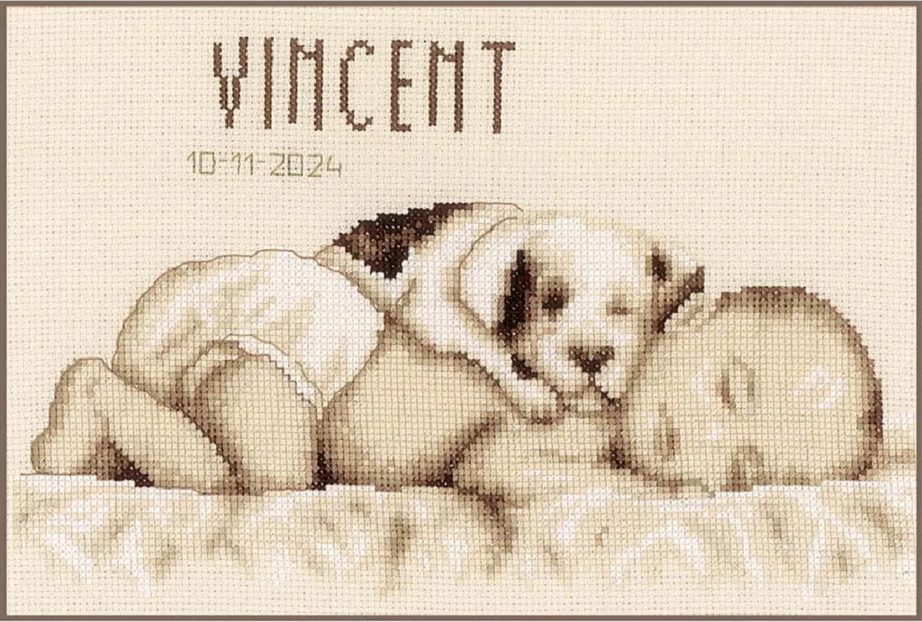Kit de broderie point de croix complet motif Bébé et chien 26x20