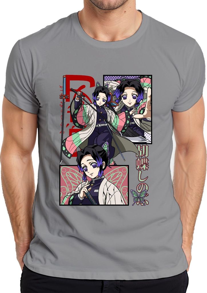 Shinobu Kocho Kimetsu no Yaiba Anime Schmetterling Katana Herren T-Shirt, Grau, S