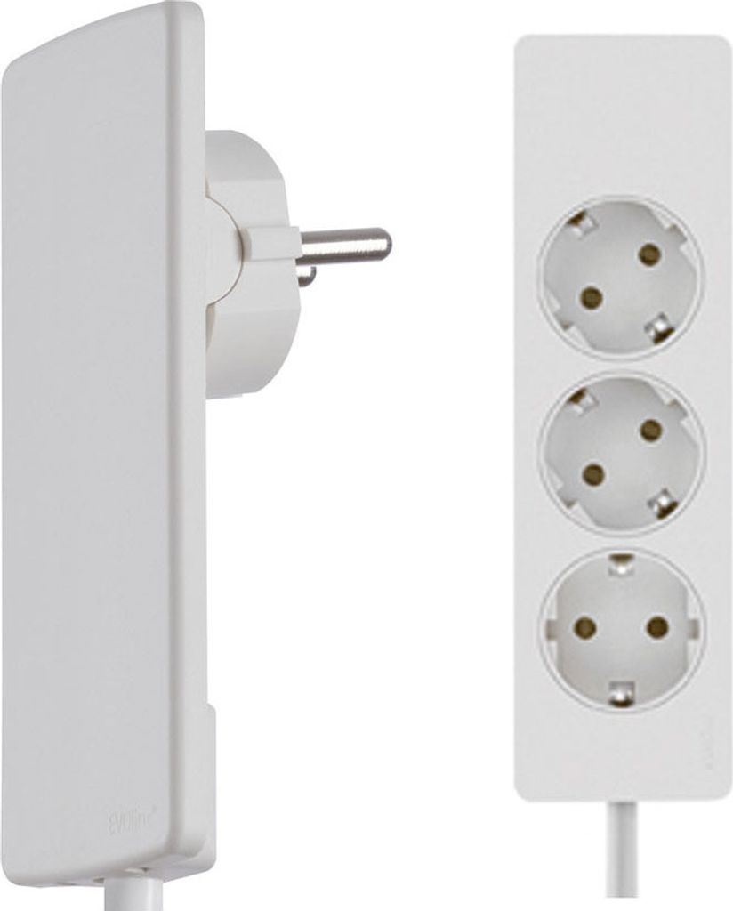 A white electrical extension cord with a three-socket power strip and a plug adapter.