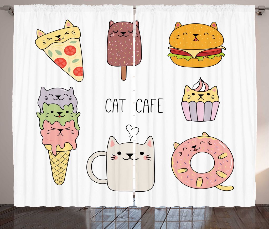 ABAKUHAUS Karikatur Rustikaler Gardine, Katzen Cafe Speisen Shapes, Schlafzimmer Kräuselband Vorhang mit Schlaufen und Haken, 280 x 245 cm, Mehrfa...