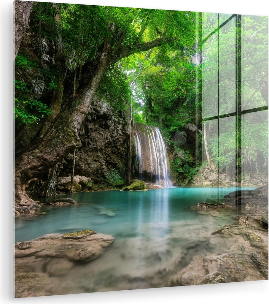 MuchoWow Glasbilder - Bilder auf Wandbild - Foto auf Glas Dschungel - Wasserfall - Pflanzen - Wasser - Natur 90x90 cm Wanddekoration aus Glas - Acr...