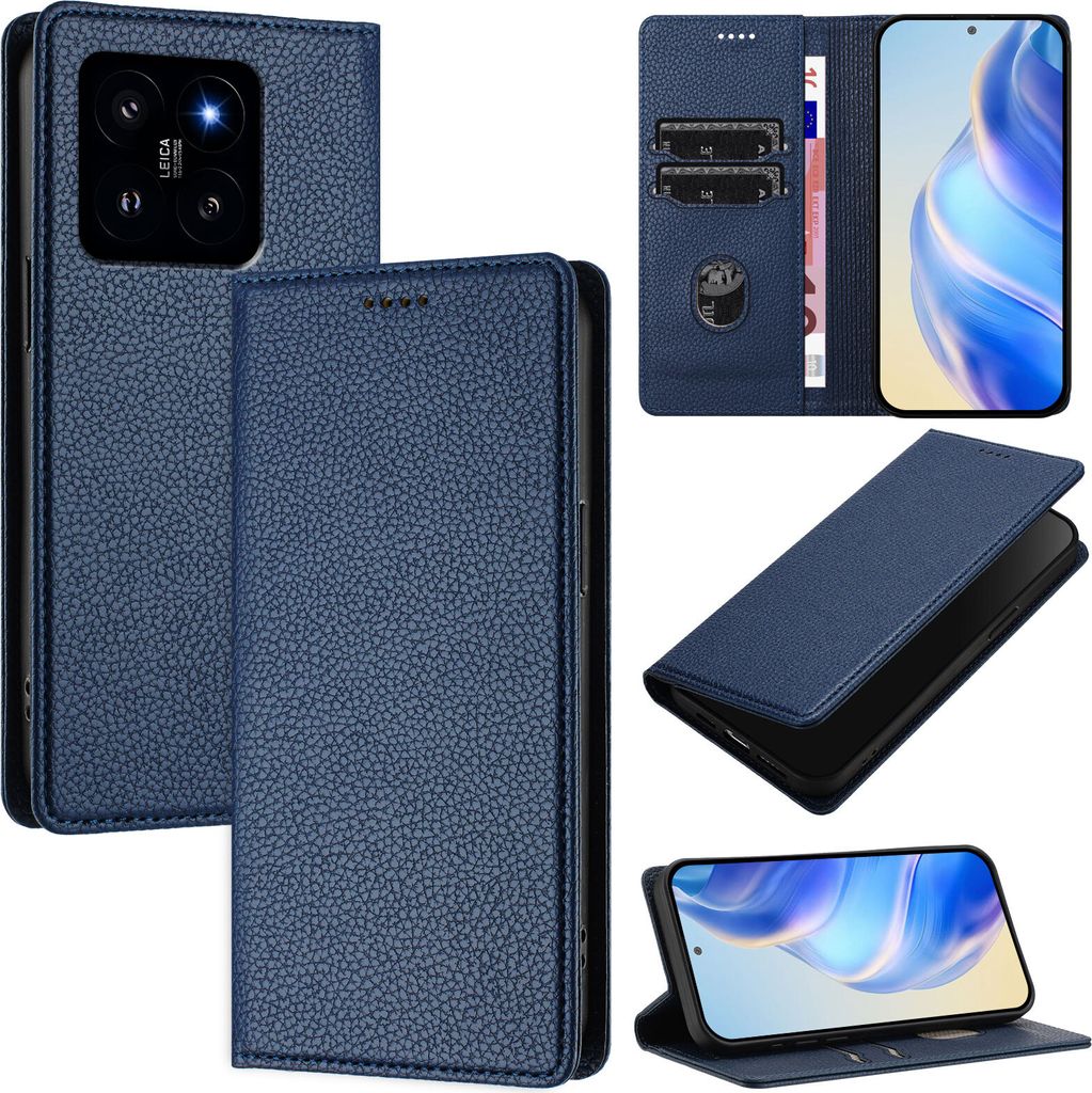 Litchi Leder Handyhülle für Xiaomi 14 Wallet Kartenfächer Standfunktion Hülle Blau