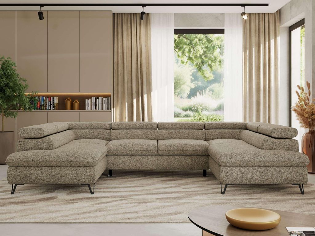 Ecksofa mit Schlaffunktion, Bettkasten, U-form, einstellbare Kopfstützen, Wohnzimmersofa mit Topper Visco - PABLO U - Strukture - Dunkelbeige
