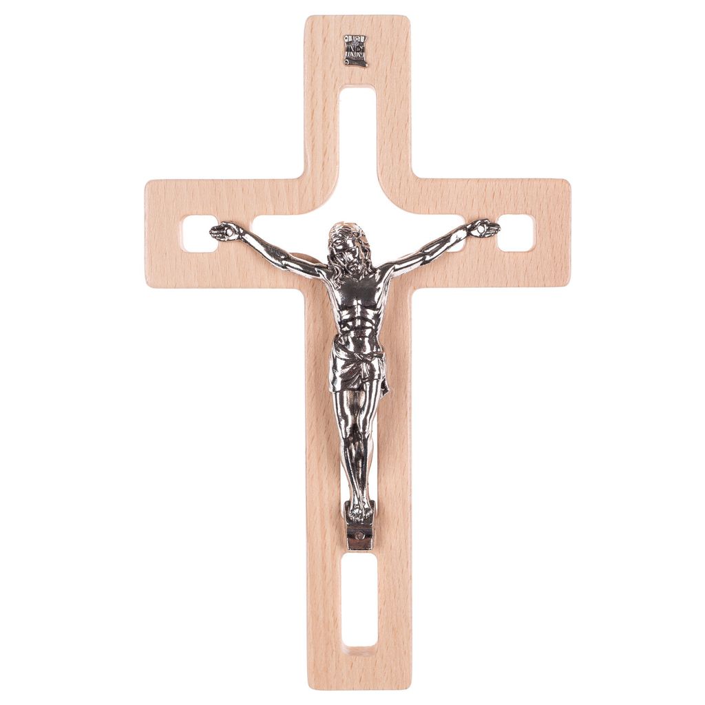 Hölzernes hängendes Kreuz modern mit dem Passionskreuz natürlich 25x16x1,6 cm