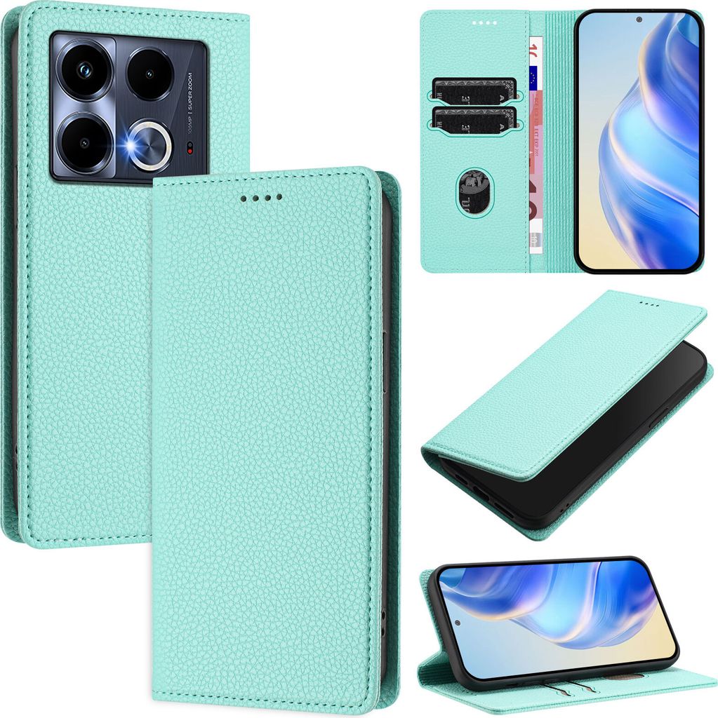 Litchi Leder Handyhülle für Infinix Note 40 4G Wallet Kartenfächer Standfunktion Hülle Türkis
