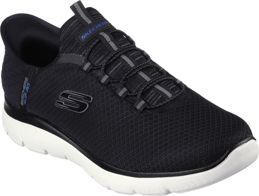 A black Skechers slip-on sneaker with a white sole, shown from a side angle on a white background.