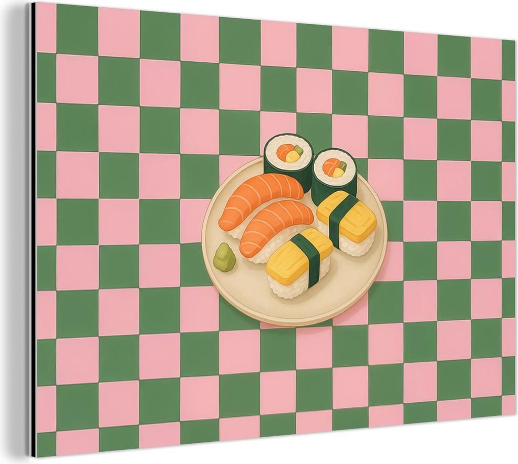 MuchoWow Wanddekoration Metall Metallbild Wandkunst 90x60 cm Sushi - Teller - Blockiert - Grün MuchoWow Aluminium Gemälde - Wandbilder