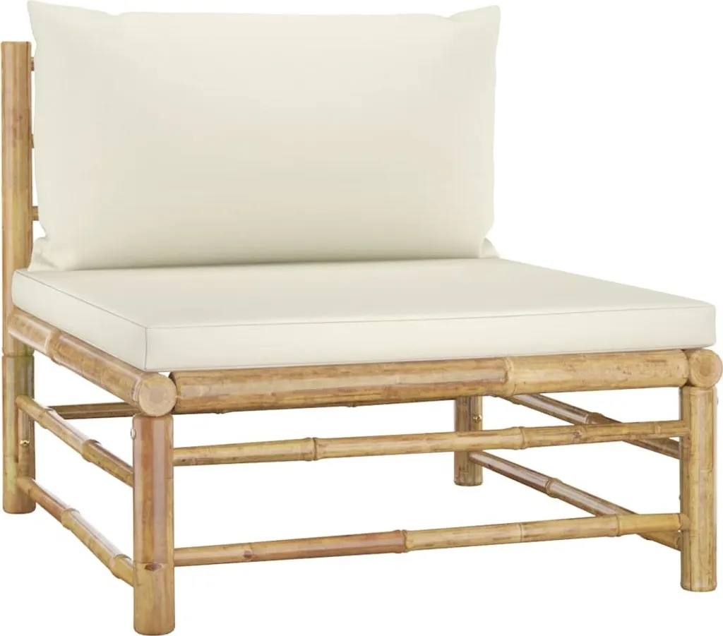 Ensemble lounge de jardin en bambou résistant et coussins blanc crème