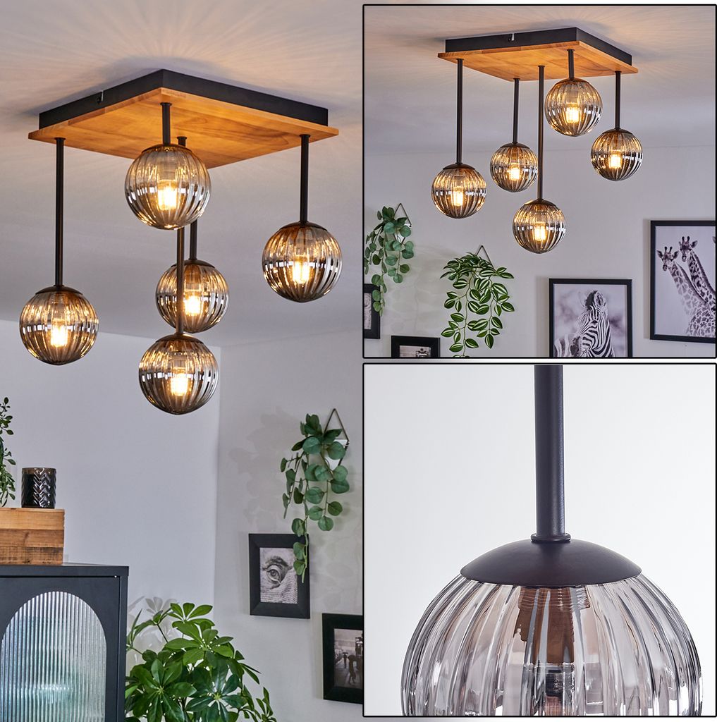 Isorella Deckenlampe aus Metall/Holz/Riffelglas in Schwarz/Natur/Rauchfarben