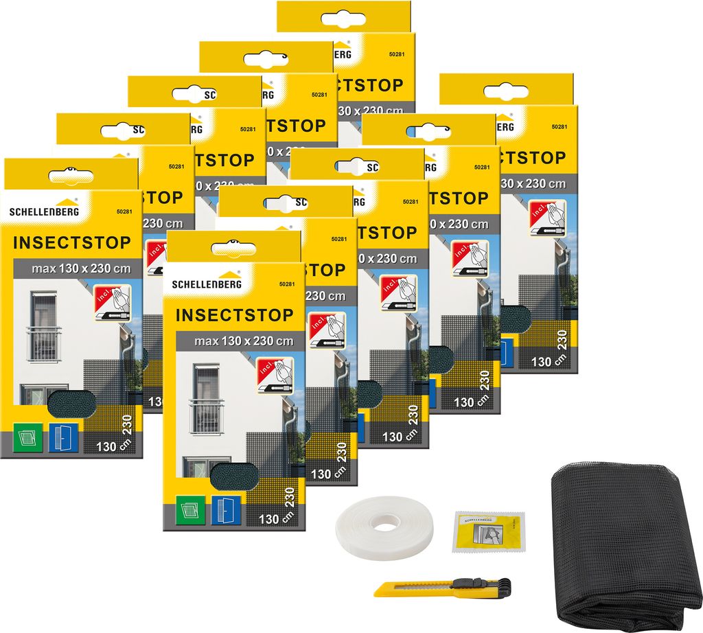 Schellenberg 10er Pack 50281 Fliegengitter für bodentiefe Fenster oder Türen, extragroßes Insektenschutz ohne bohren, 130 x 230 cm, anthrazit