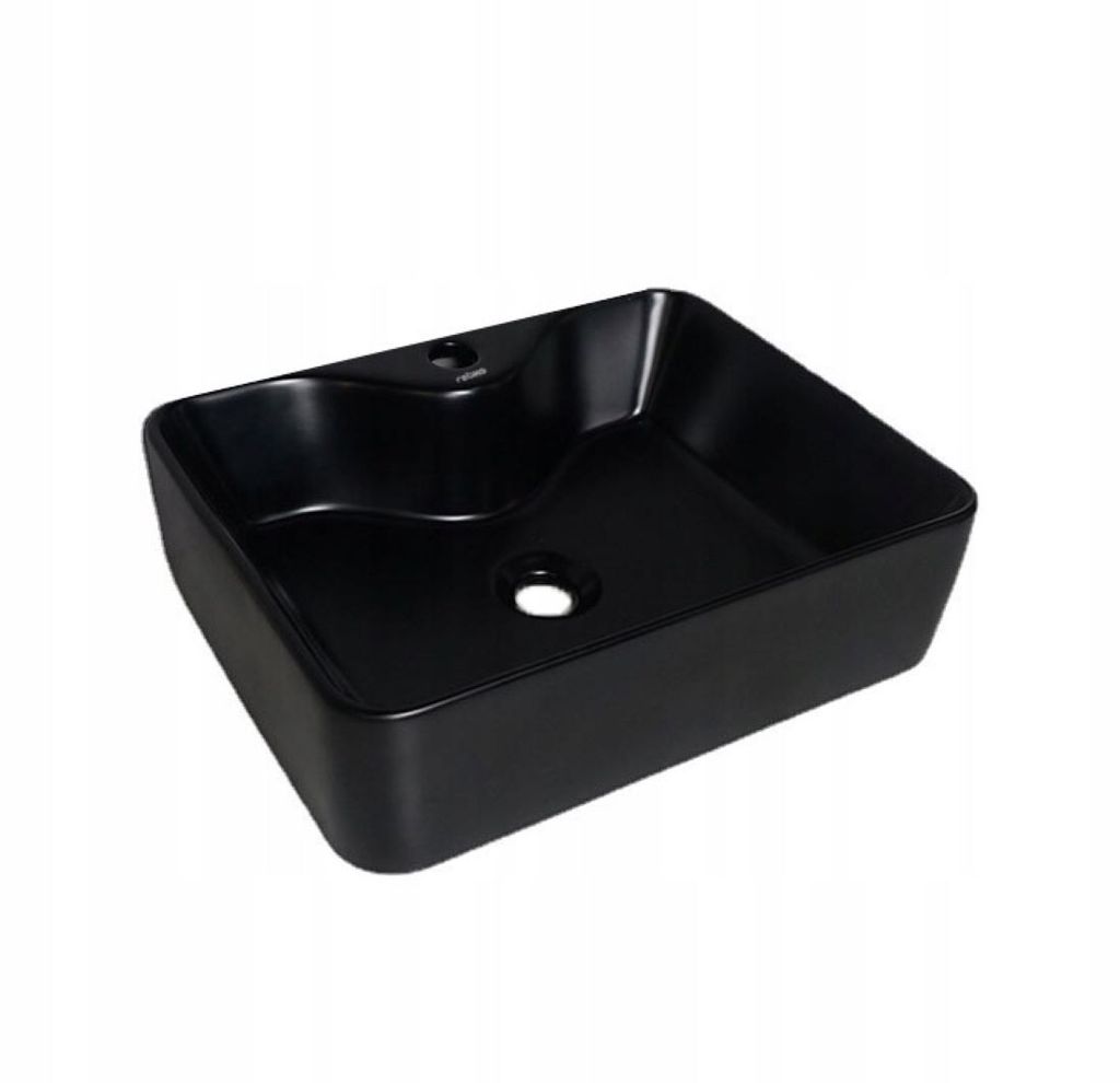 A black rectangular washbasin is shown from a diagonal angle against a white background.