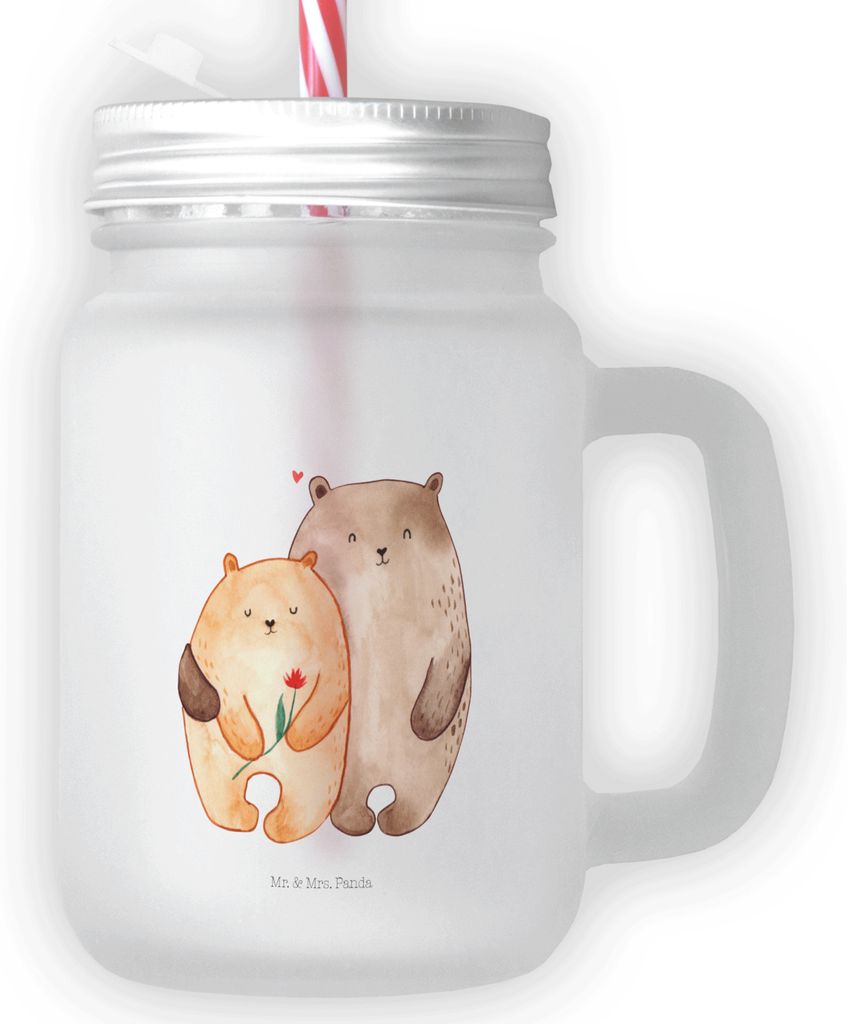 Mr. & Mrs. Panda Trinkglas mit Deckel Bären Liebe - Transparent - Geschenk, Bär, Hochzeitstag, Eiskaffee Glas, Schraubdeckel, Mason Jar, Cocktail...
