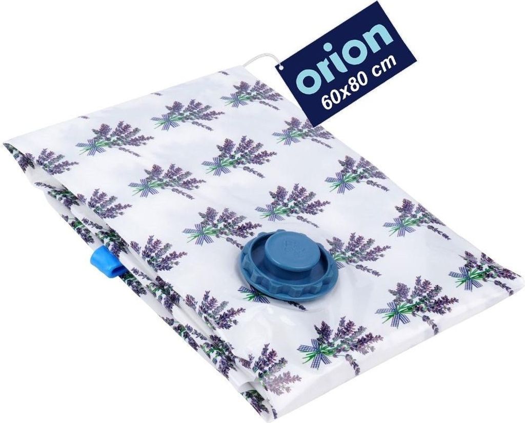 A vacuum storage bag with a lavender pattern, featuring a blue valve and a tag with brand information.
