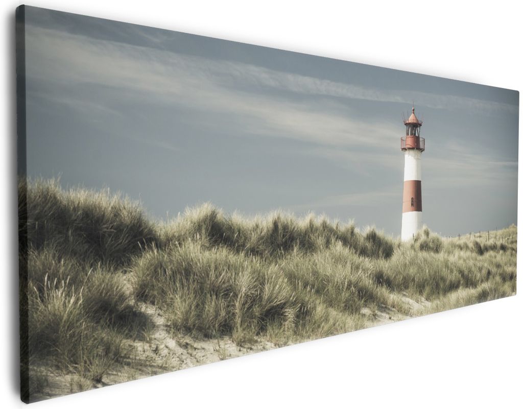 Wallario Premium Leinwandbild Leuchtturm auf der Düne am Strand in Größe 60 x 150 cm