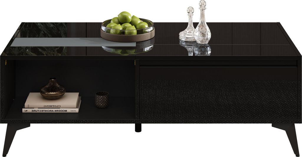 Fortuna Lai Moderner schwarzer Hochglanz-Couchtisch,Stilvoller Beistelltisch,Multifunktionaler,höhenverstellbarer Couchtisch ,Klappbarer Esstisch/...