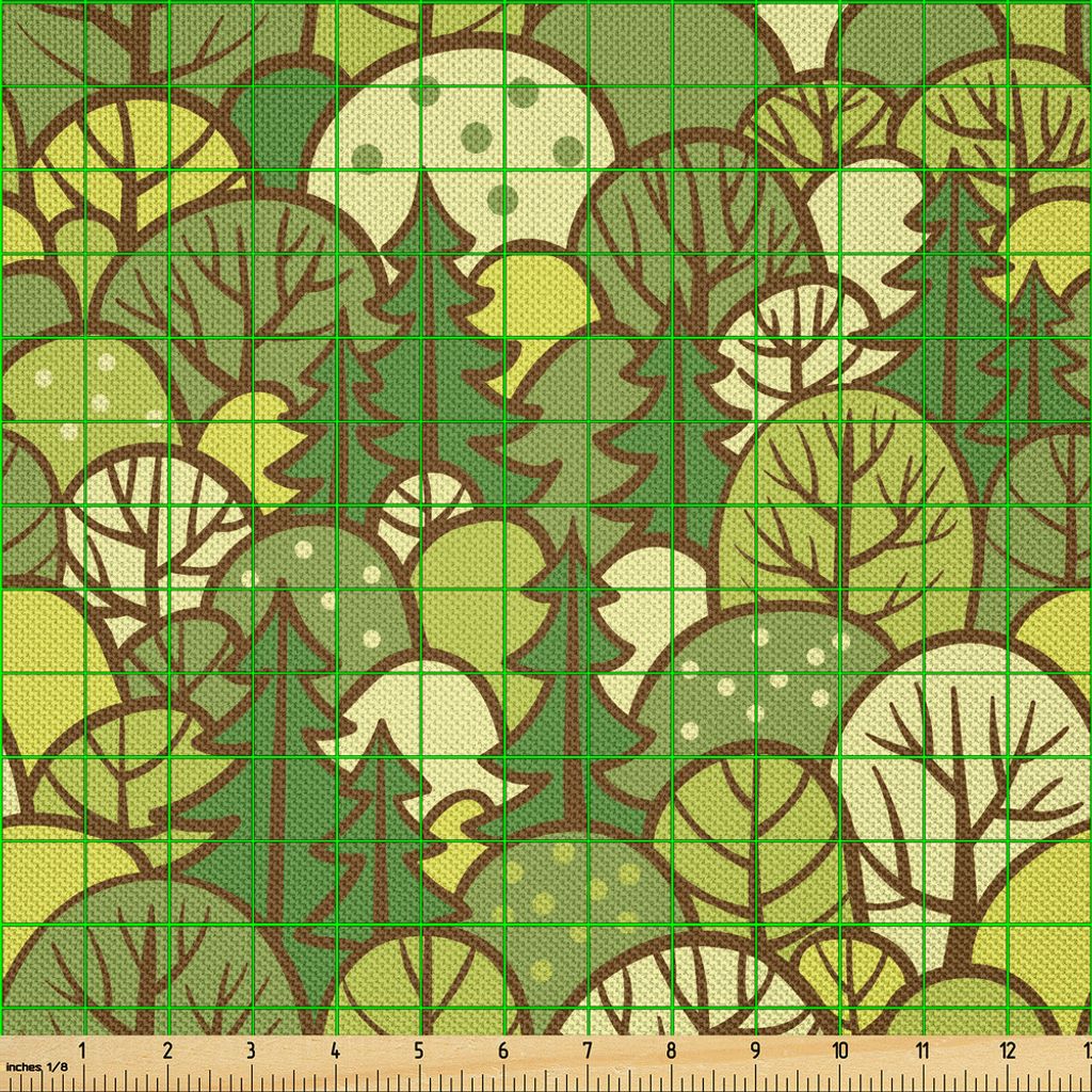 ABAKUHAUS Wald Satin Stoff als Meterware, Repetitive Kiefer Cartoon Fichte Illustration, 1 M (148 x 100 cm), Olivgrün Gelb