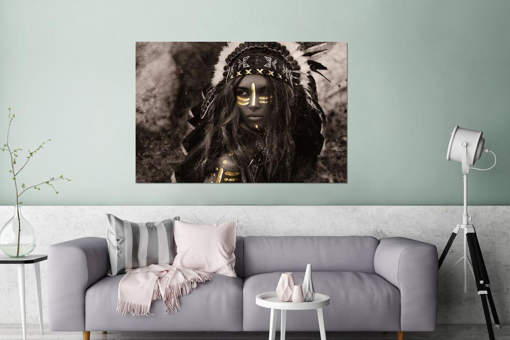 MuchoWow Wanddekoration Metall Metallbild Wandkunst 120x80 cm Frau - Indianerkleid - Gold MuchoWow Aluminium Gemälde - Alu Bild
