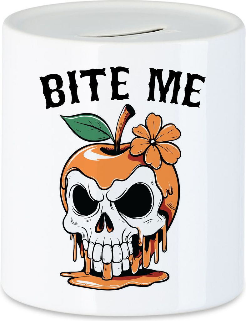 Bite Me Spardose Halloween Geschenkidee Apfel Totenkopf Grusel Herbst