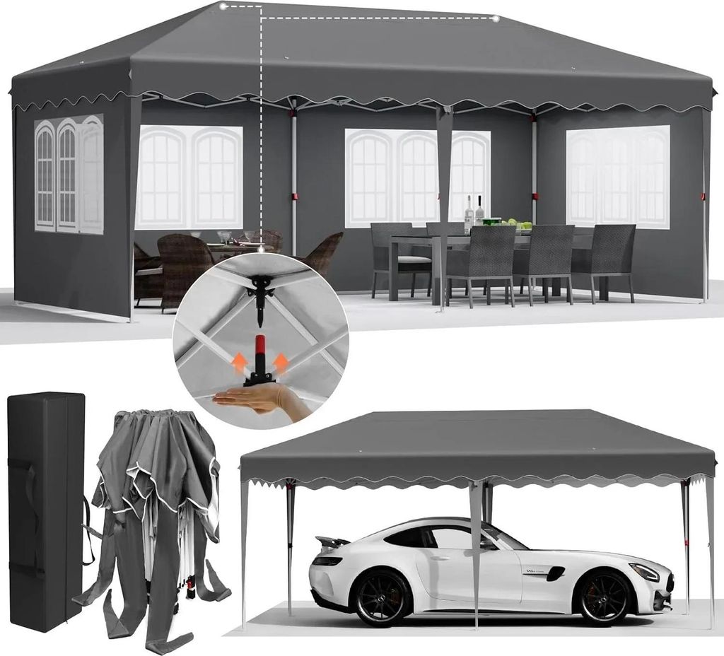 Gartenpavillon 3 x 6 m - Pop-up Faltzelt - One-Push faltbar - Wasserdichtes Polyurethanbeschichtetes HDPE - Aluminiumrahmen - Vier Seitenwände - D...