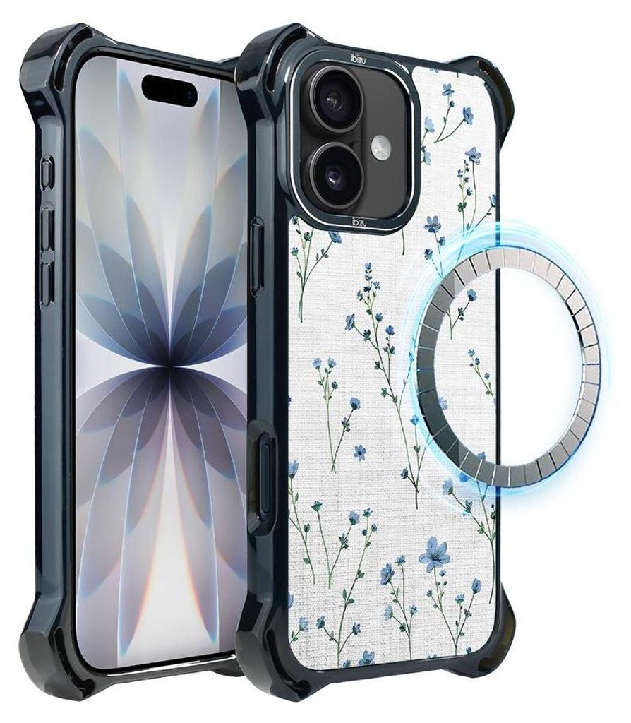 Schutzhülle für das iPhone 17, MagSafe-kompatibel, verstärkte Ecken, schwarz, Blaue Blumen