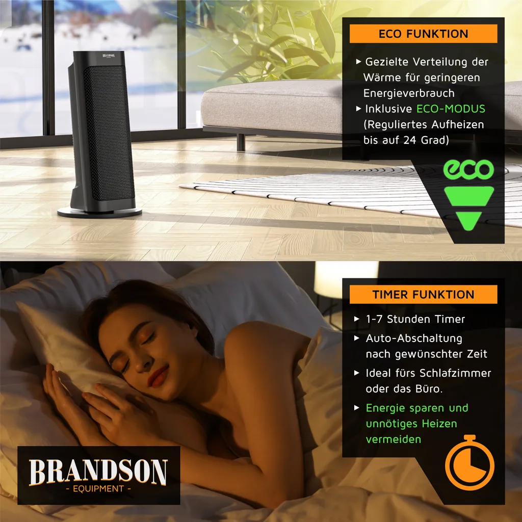 Brandson Radiateur Soufflant 2000W Céramique Noir avec Télécommande