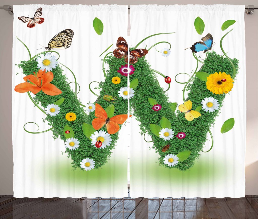 ABAKUHAUS Buchstabe w Rustikaler Vorhang, Grünes Laub Tiere, Wohnzimmer Universalband Gardinen mit Schlaufen und Haken, 280 x 245 cm, Mehrfarbig