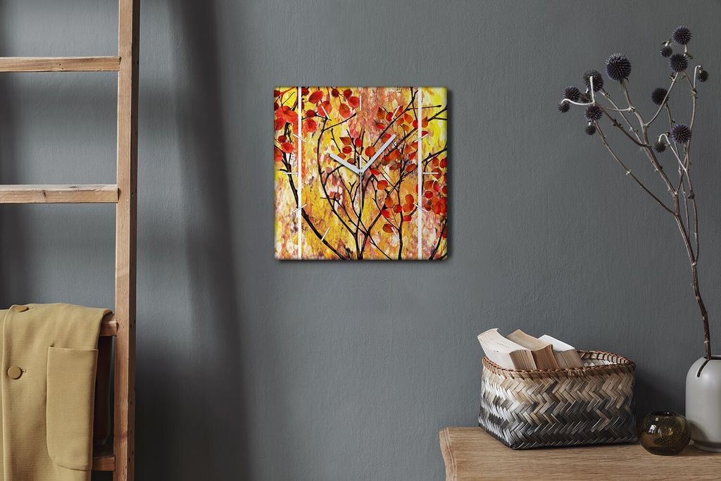 Coloray Hodiny Unikátní 30x30 cm Tiché hodiny Pro obývací pokoj a kuchyň Nástěnné hodiny Plátno Bílé ručičky hodin - Listy větve