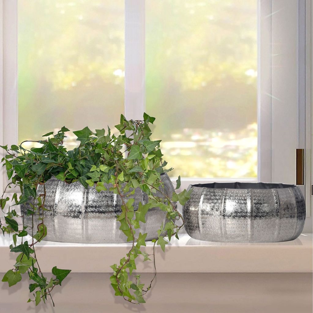 FineBuy Pflanzgefäß 2er Set Metall Pflanzkübel Design Pflanzenkübel Aluminium Rund Indoor Blumenkübel Pflanzschale 2-teilig Punziert