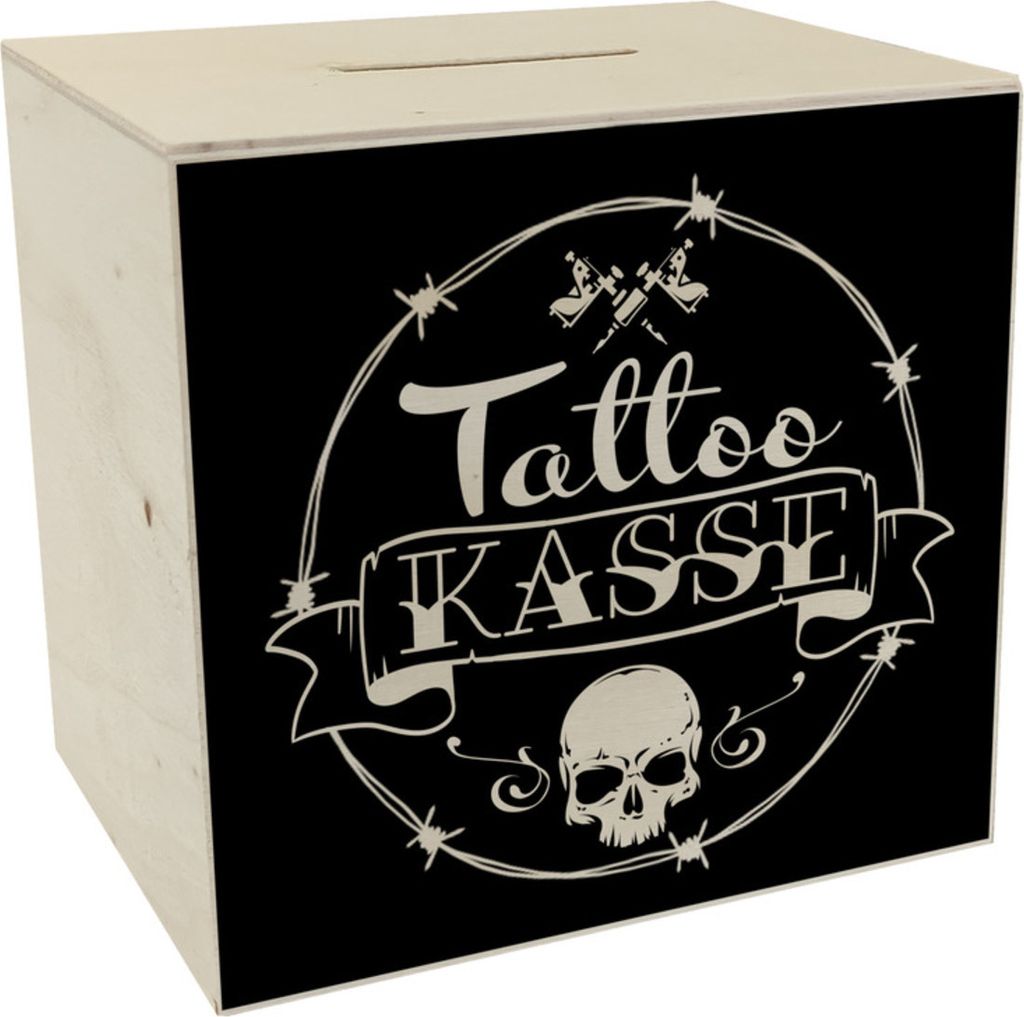 Spardose aus Holz mit coolen Tattoo-Motiven in schwarz - Produktbild 
