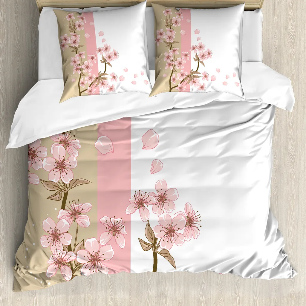 ABAKUHAUS Copripiumino giapponese, romantici fiori di sakura, antiacaro, adatto a chi soffre di allergie, con federe, 200 cm x 200 cm - 80 x 80 cm, sabbia marrone rosa chiaro