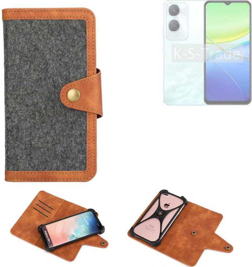 K-S-Trade Schutzhülle Handyhülle kompatibel mit Vivo Y36c Filz Hülle Kunst-Leder dunkelgrau braun (1x)