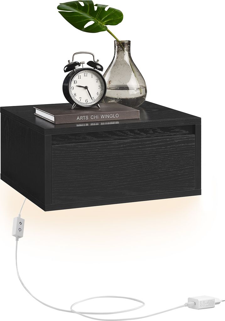 VASAGLE Nachttisch 2er Set , hängend, Leuchte mit 3 Farben, schwebendes Wandregal, Schublade