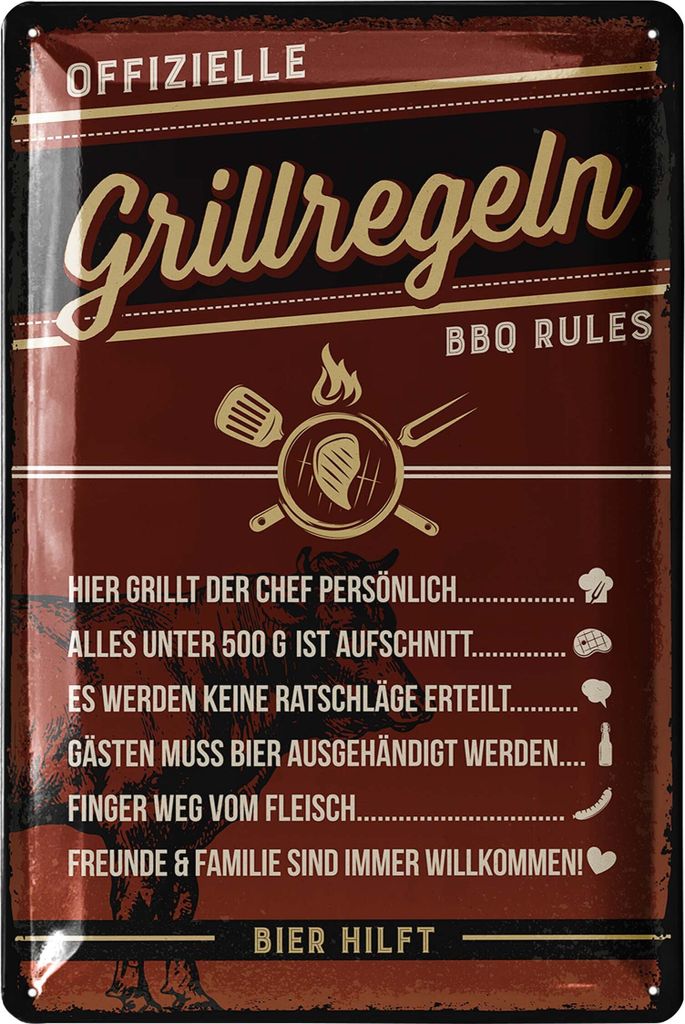 Retro Blechschilder Grillen - GRILLREGELN Schild - BBQ Grill Retro Deko - Grillplatz Schild Garten - Geschenk für Papas Grillecke Schild