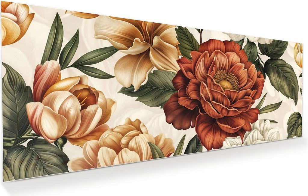 Glasbild 100x40cm in XXL für Wohnzimmer, Schlafzimmer Motiv Blumenmuster Vintage