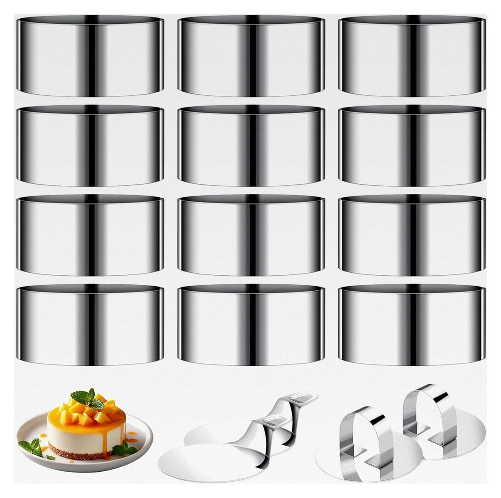 12 Dessertringe 8 cm mit Deckel und Boden, Backzubehör aus Edelstahl für Mousse, Käsekuchen und mehr, hohe Tortenringe, Set mit kleinen Tortenri...