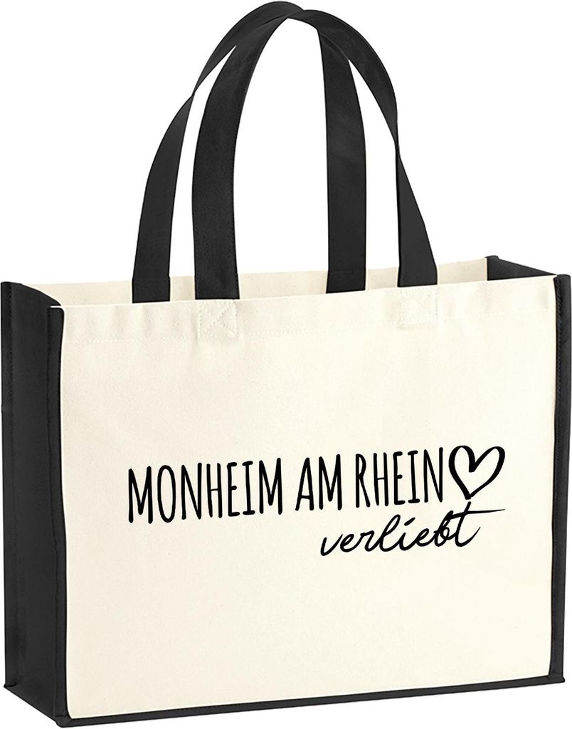 Huuraa Jutetasche Monheim am Rhein verliebt 21 Liter Black Jute und Baumwolle Einkaufstasche Geschenkidee