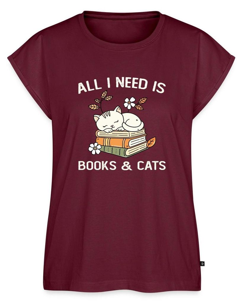 Spreadshirt All I Need Is Books & Cats | Katze Und Bücher Frauen Casual T-Shirt, XL, Burgunderrot