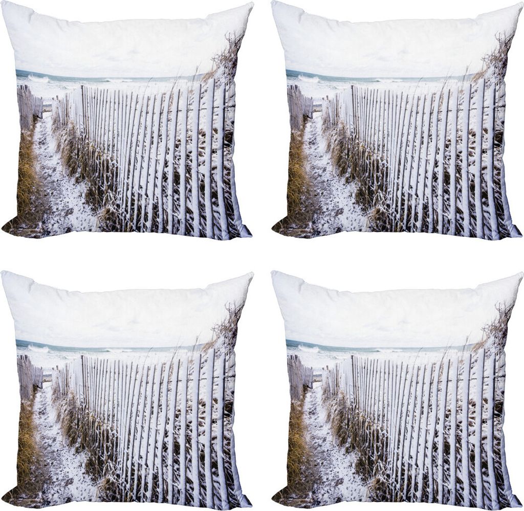 ABAKUHAUS Massachusetts Kissenbezug Set (4 Stück), Schnee bedeckter Weg, Moderner Doppelseitiger Digitaldruck, 60 cm x 60 cm, weiß Kitz