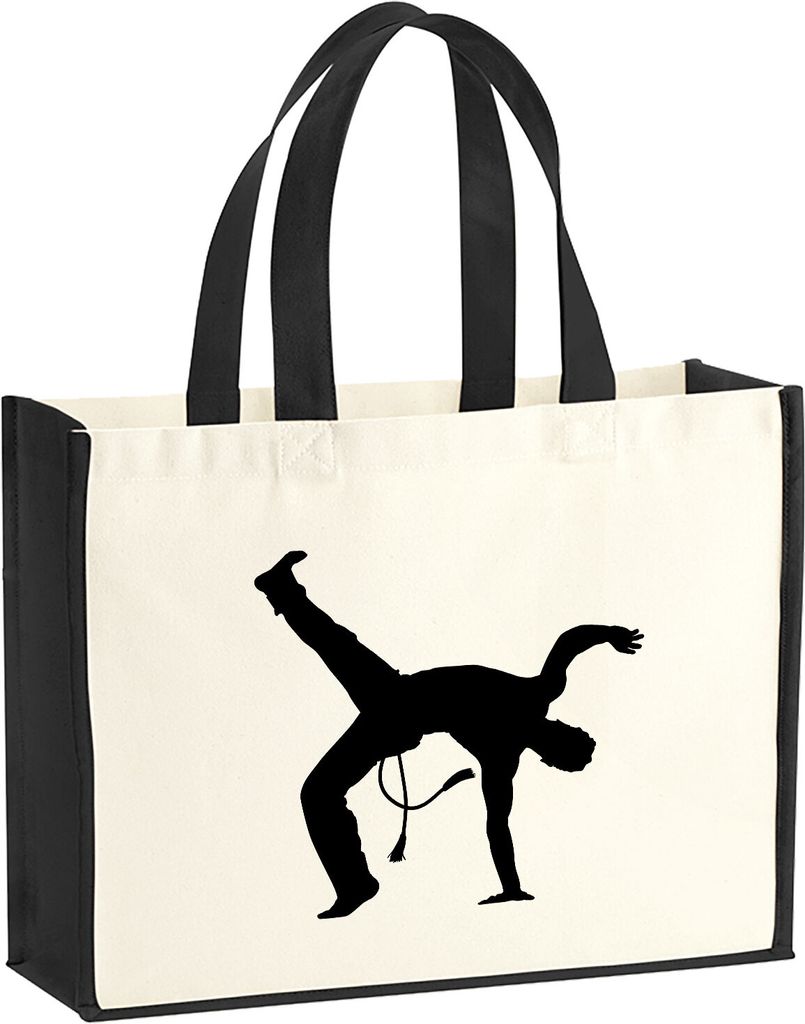 Huuraa Jutetasche Capoeira Silhouette 21 Liter Black Jute und Baumwolle Einkaufstasche Geschenkidee