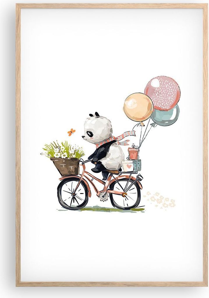 Gerahmtes Poster - Rahmen in heller Eiche - Panda Fahrrad Kinder - 61x91,5 cm - Wand Bild - Wanddeko - Wandbilder - Kunstposter - Wandposter - Bild...