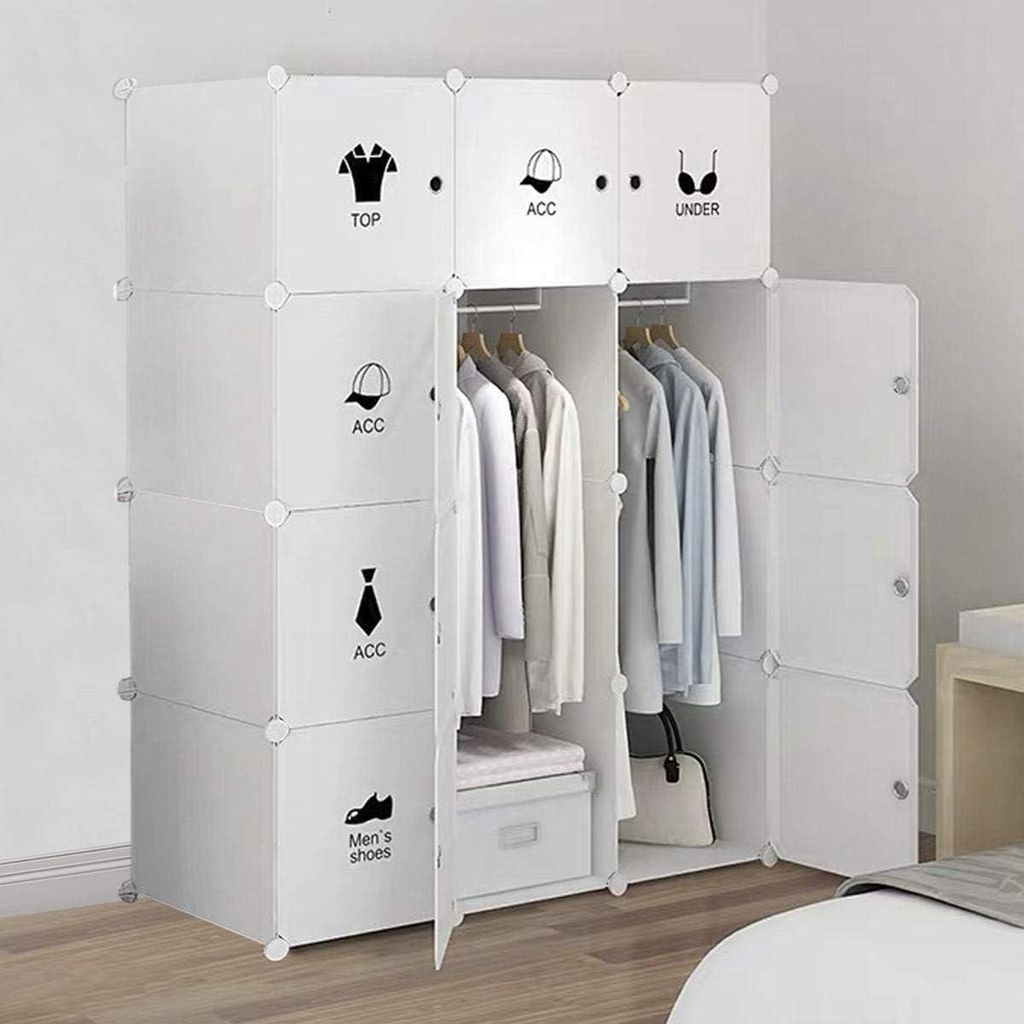 Kleiderschrank aus 12 Würfeln, modularer Kleiderschrank, Kleiderschrank, Steckregalsystem, Kunststoffschrank mit Türen & 2 Kleiderbügeln, zusät...
