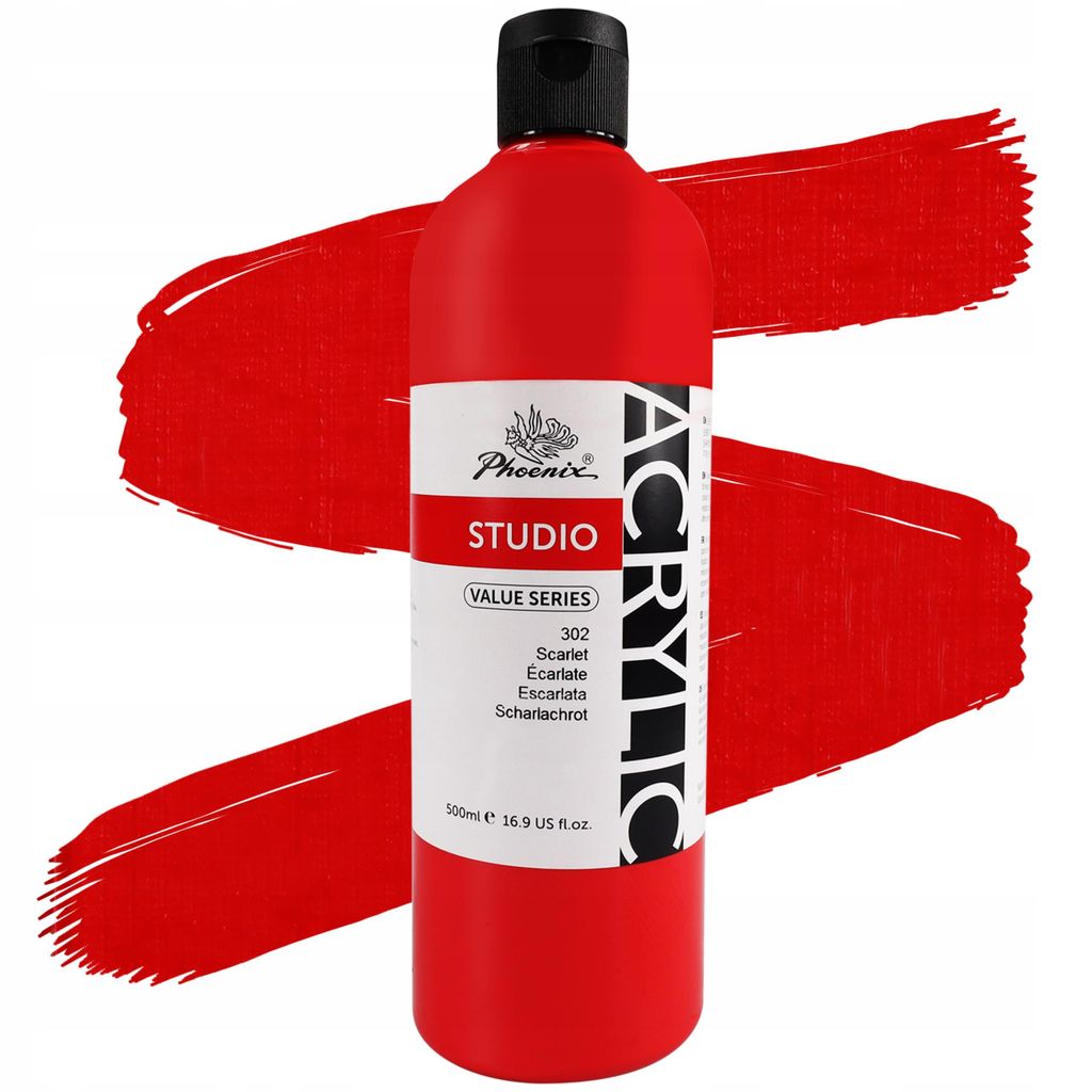 Phoenix Acrylfarbe 500ml – 302 Scharlachrot (Scarlet Lake) – Künstlerfarbe Studio-Qualität – Hohe Deckkraft – Für Leinwand, Holz & Stein...
